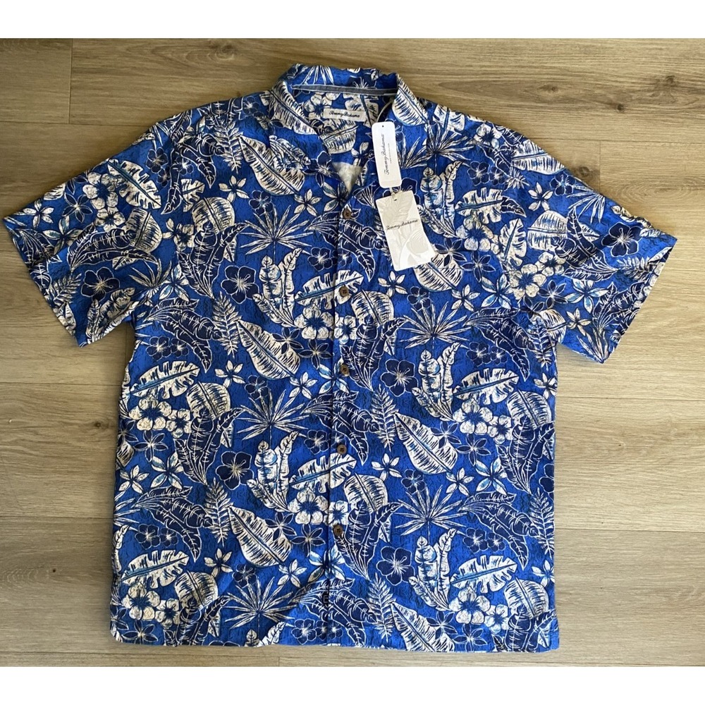 Tommy Bahama Mens L Blue Tropical Floral Hawaiian Silk Cotton Button Up Shirt